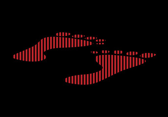 Huellas de los pies de una persona con rayas rojas verticales sobre fondo negro. Las huellas de  la emigración. Pies sangrientos. Emigración. 