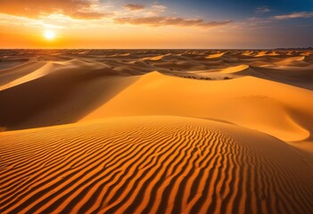 stunning vibrant sunset casting warm glow over expansive sandy dunes under clear skies, colors, landscape, desert, evening, nature, view, orange, yellow