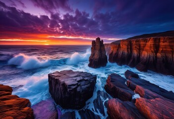 majestic twilight scene powerful waves crashing rugged rocky cliffs stunning sky, sea, rocks,...