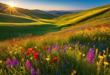 Obraz premium expansive hills covered vibrant wildflowers bright colors under clear blue sky, colorful, nature, landscape, scenery, meadow, field, grass, spring, summer