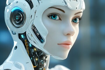 Fototapeta premium Data modulation photonic computing robotic perception artificial neuron and quantum entanglement portrait of a young woman with mechanical jaw and advanced neural technology