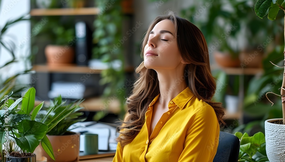 Sticker tranquil woman in yellow shirt enjoying a moment of relaxation at a modern office desk adorned with 