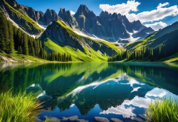 Fototapeta premium stunning mountain peaks mirrored tranquil lakes clear blue skies lush greenery surrounding scenic landscape, altitude, hill, summit, terrain, nature