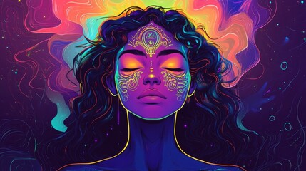 A Mystical Portrait Displaying Vibrant Colors and Various Spiritual Elements Throughout