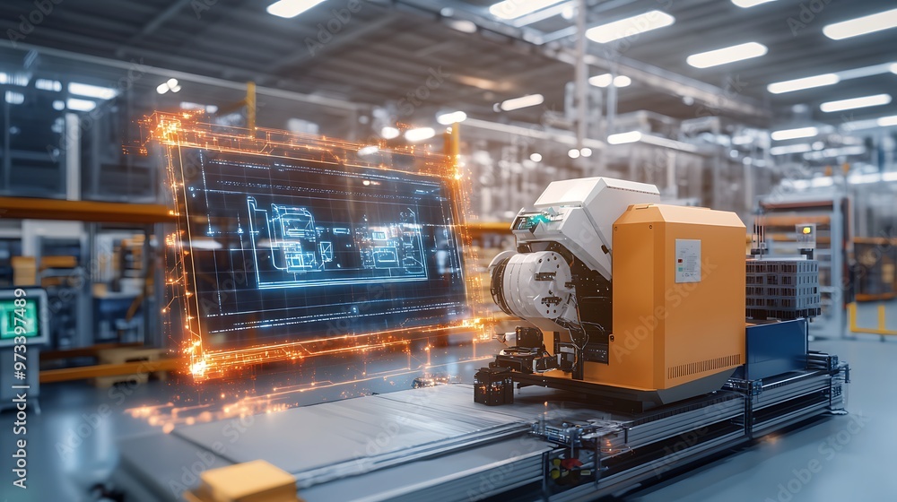 Poster industrial robot with augmented reality interface in modern factory