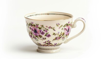 Teacup with floral decoration on plain white backdrop
