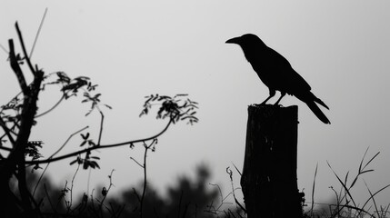 Solitary crow and its silhouette