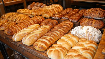 A Beautifully Arranged Assortment of Fresh Breads Displayed in a Local Bakery, Tempting Everyone