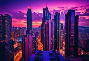stunning twilight city skyline illuminated bright lights vibrant colors creating captivating urban scene, illumination, architecture, buildings, horizon
