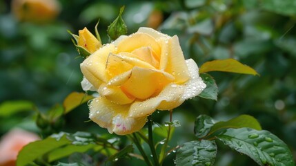 Shrub rose with yellow bud and dew grows in park