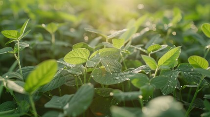 Naklejka premium Soybeans growing in a field with selective focus on nature