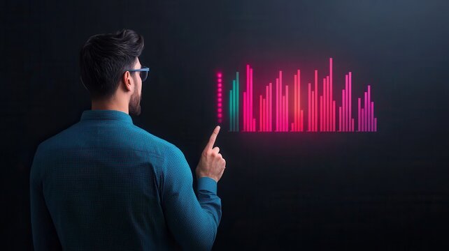 A man analyzes digital data on a screen, showcasing colorful bar graphs and statistics in a high-tech environment.