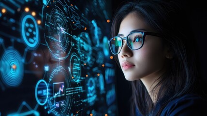 A focused woman analyzes data visuals on a screen, showcasing modern technology and digital innovation in a dark environment.