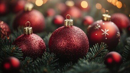 Fototapeta premium Sparkling Red Christmas Ornaments are arranged on Evergreen Branches, enhancing the holiday spirit