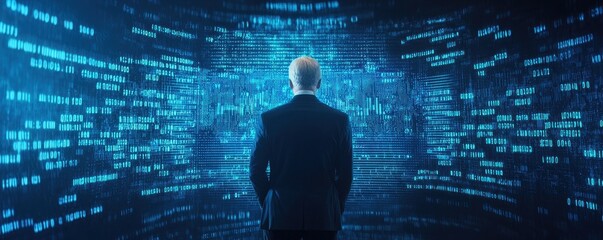 A business professional stands in front of a digital interface, contemplating data in a futuristic environment.