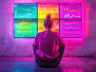 A person observing colorful data visualizations on screens, immersed in a vibrant, technological atmosphere.