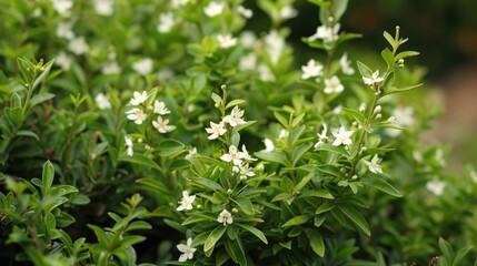 Small white flowers among green bushes