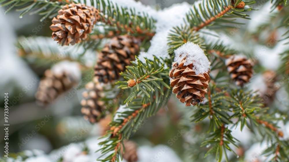 Poster snow covered conifer twigs with tiny cones in macro shot