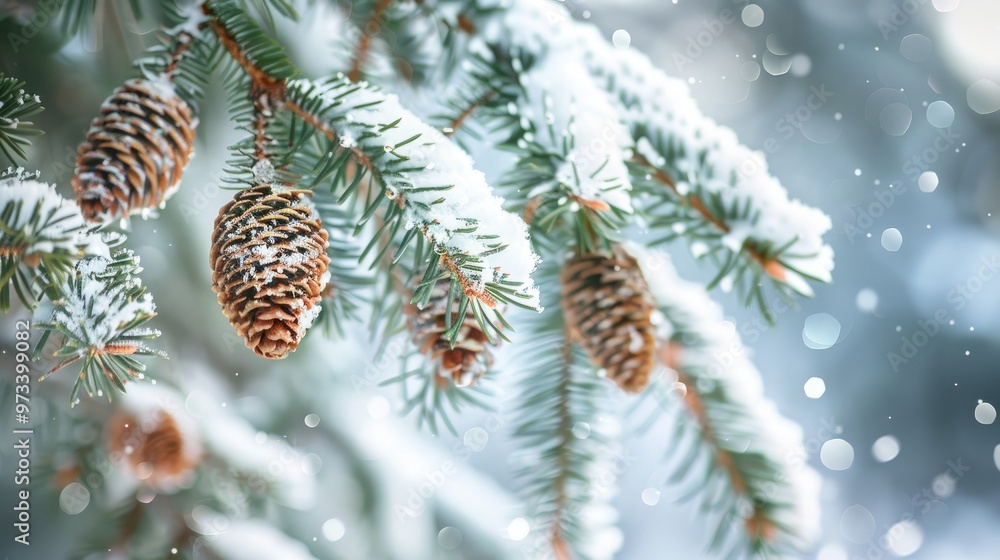 Poster snow covered conifer twigs with tiny cones in macro shot
