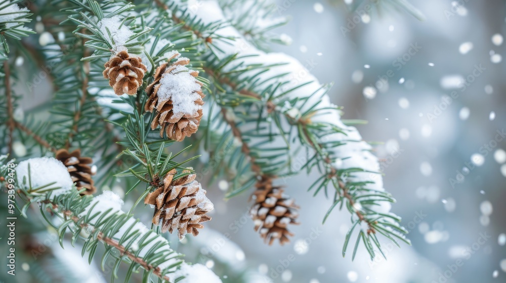 Poster snow covered conifer twigs with tiny cones in macro shot