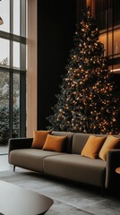 Obraz premium A cozy living space with dark green and mustard velvet throw pillows on a sofa, bathed in natural light and the warm glow of a Christmas tree, creates a festive vibe