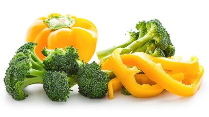 Sliced yellow bell pepper and green broccoli on white isolated backdrop