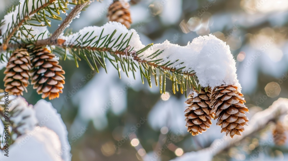 Poster snow covered conifer twigs with tiny cones in macro shot