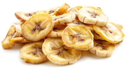 Sweet banana slices on white background nutritious dried fruit option