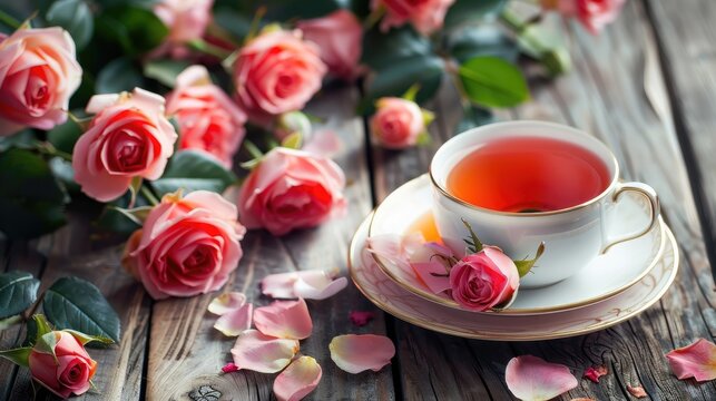 Tea with stylish roses on a wood table