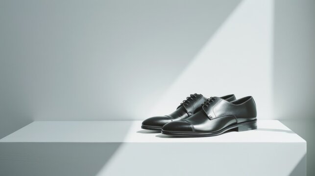 A pair of classic black dress shoes is showcased on a sleek pedestal illuminated by natural light, highlighting their sophistication for formal wear