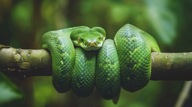 Snake coiled around green branch