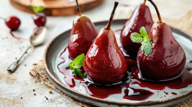 Sweet poached pears in red wine on a plate with light background