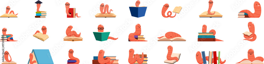 Poster bookworm icons set. bookworm character set. cute worm reading books and gaining knowledge in differe