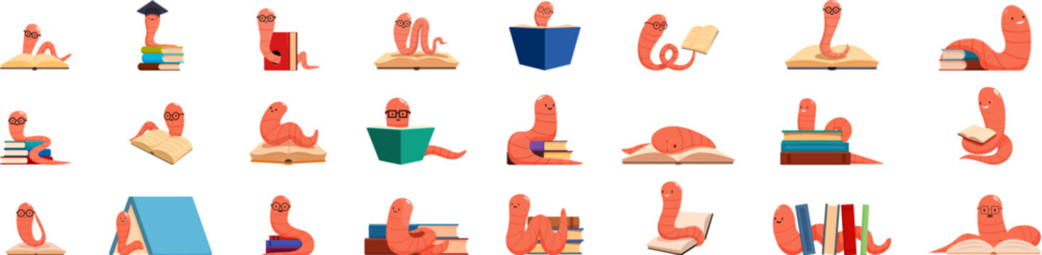 Bookworm icons set. Bookworm character set. Cute worm reading books and gaining knowledge in different poses and situations. Vector illustration set
