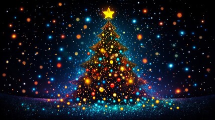 A Beautiful Colorful Christmas Tree topped with a Star in a Magical Winter Snow Scene
