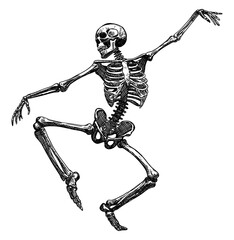 skeleton dancing isolated hand drawn sketch dynamic pose halloween card design element line art detailed vector illustration