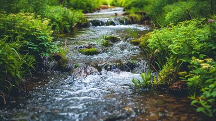 Fototapeta premium Small water stream with green plants landscape