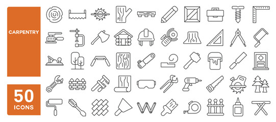 Set of 50 line icons related to carpentry, wood, saw, sawmill, timber, lumber, trees, spanner, forestry, tools, helmet, wrench, scale, drill, hammer, Editable stroke. Vector illustration