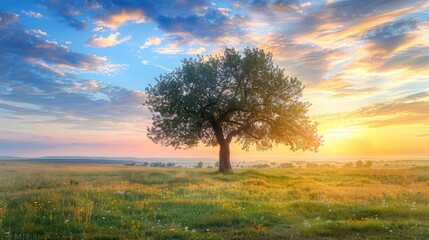 Fototapeta premium Solitary tree in the meadow during sundown