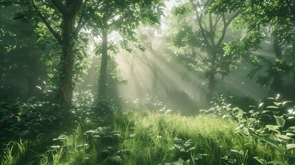 Fototapeta premium Sunlight filtering through lush green woodland