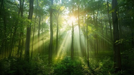 Fototapeta premium Sunlight filtering through lush green woodland