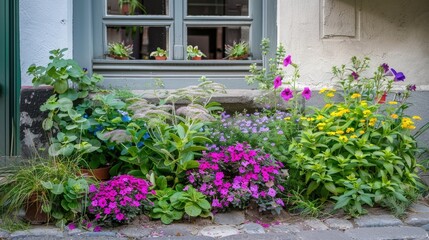 Fototapeta premium Small garden with Sedum booleanum and petunias near the street