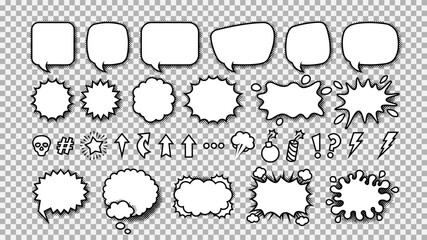 Empty comic speech bubbles set with black halftone shadows.