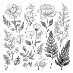 Vintage Botanical Elements - set of silhouettes with vintage-style hand-drawn flowers and leaves, including peonies, violets, and ferns. Graphic artwork illustration