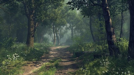 Fototapeta premium Sparse path through vast forest with panoramic tree filled scenery