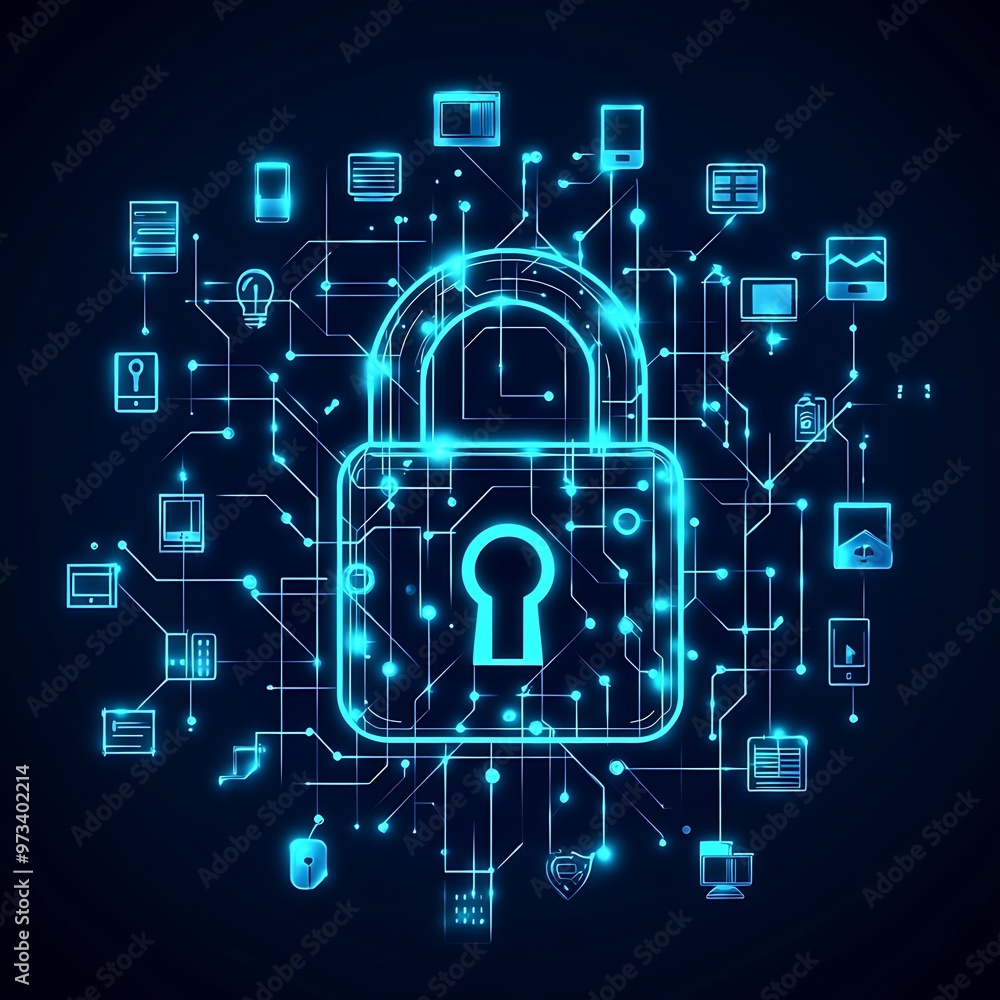 Poster cybersecurity concept with glowing padlock and connected devices on a dark background