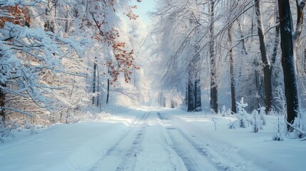 Obraz premium Snow covered forest in rural winter scenery