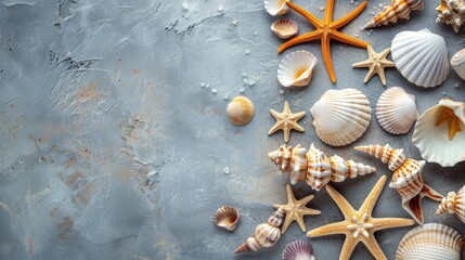 Summer theme with assorted seashells on a gray backdrop Oceanic decorations Text space