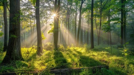 Fototapeta premium Sunlight filtering through trees in a forest with terrestrial plants trunks and grass