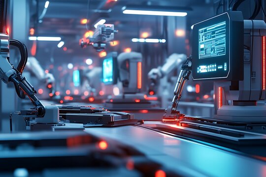 Futuristic Automated Factory with Robotic Arms and Conveyor Belts. Smart Industry 4.0 Technology Concept